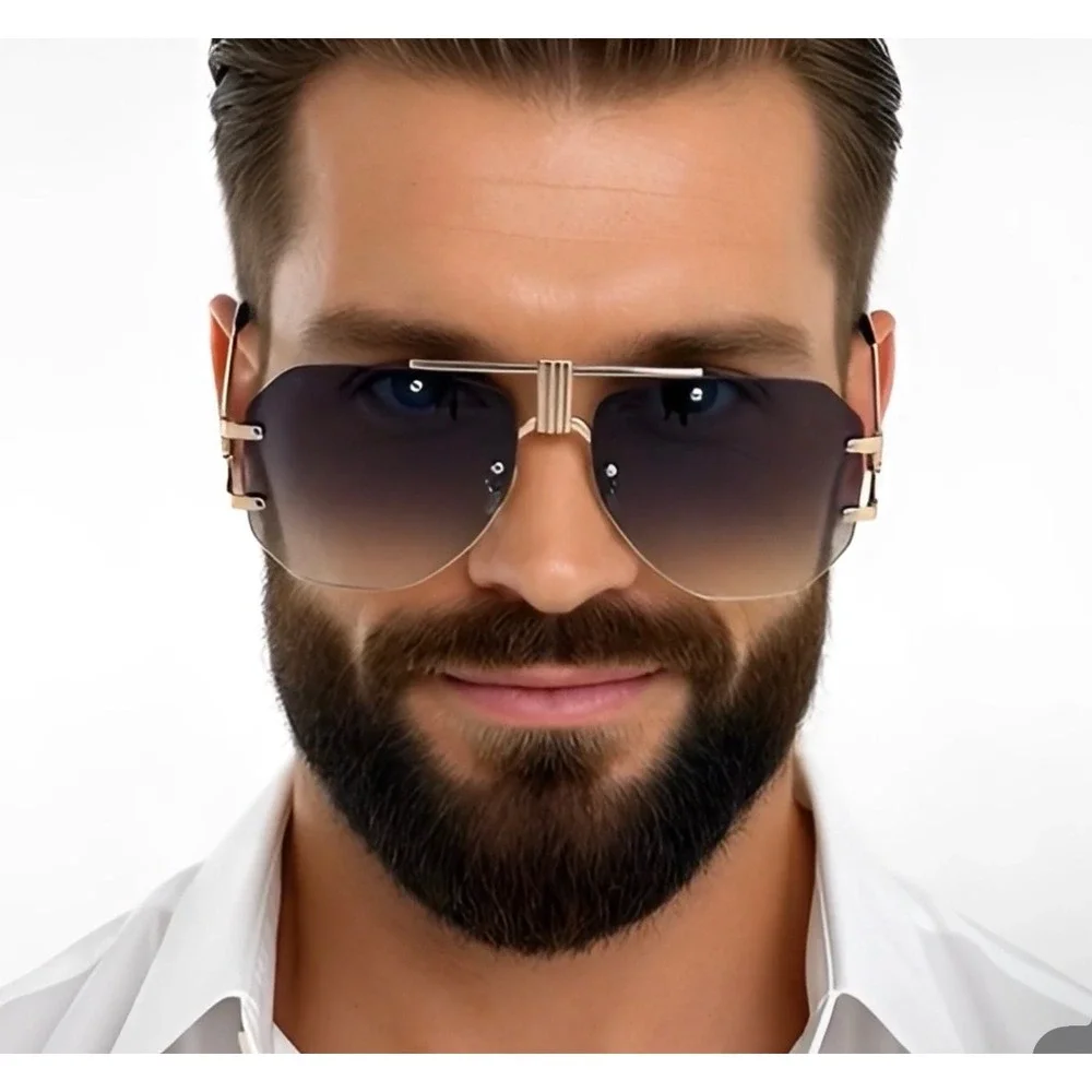 Men Brown Sunglasses Square Rimless Elegant Classy Oversized Exaggerated Lentes‎